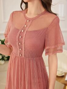 Modelyn Vestido acampanado elegante de mujer con parches de malla a lunares, volantes y botones de perla, para primavera/verano - Rosa - Ver 4