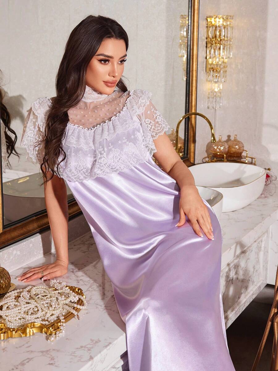 LuxeNights Lace Stitching High Collar Imitation Silk Ladies Long Nightgown - Lilac Purple - View 1
