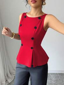Elenzga Best-Selling Solid Color Fabric Button-Down Fitted Sleeveless Top And Contrast Color Pants 2Pcs Set For Women
