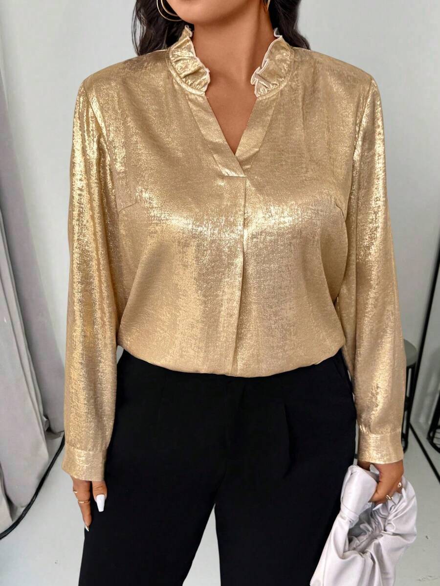 SHEIN Clasi Áo cánh nút vàng kim loại xếp nếp cổ chữ V cỡ lớn cho nữ - Vàng - Xem 1
