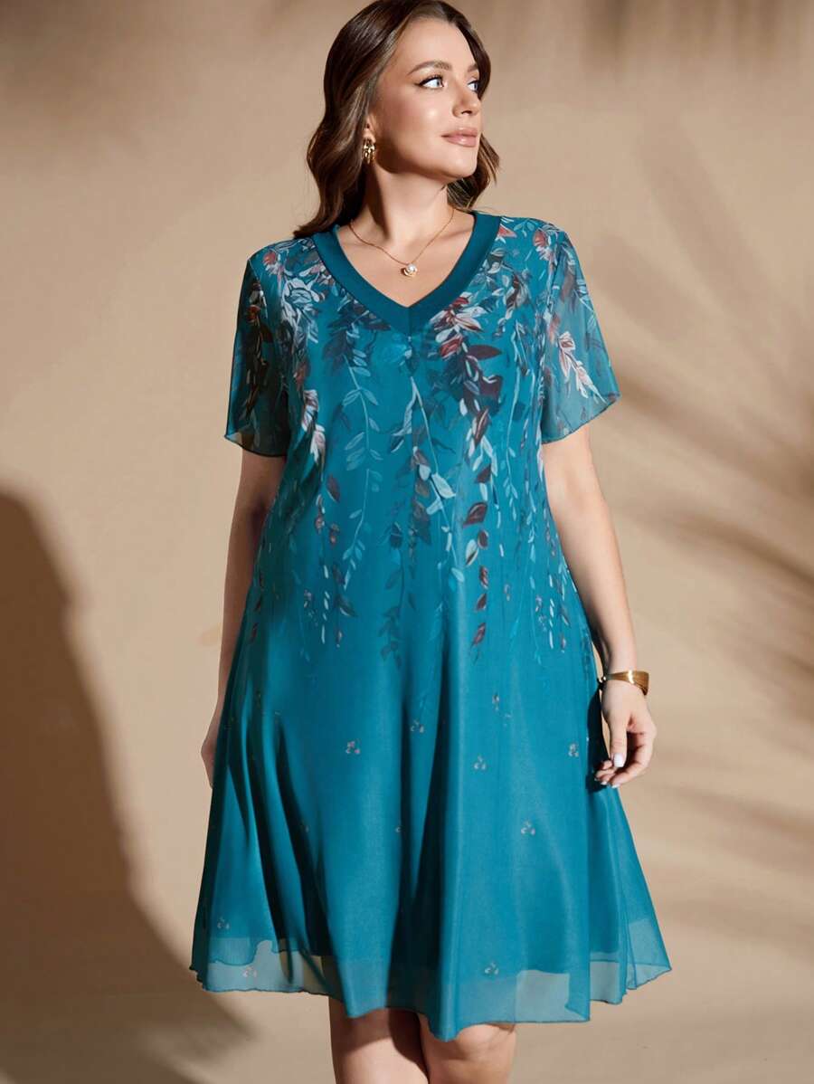 SHEIN Clasi Sukienka damska plus size z nadrukiem roślinnym i dekoltem w serek i krótkim rękawem - Zielony - Zobacz 1