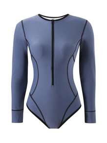 Swim SPRTY Springbreak Contrast Trim Front Zipper Long Sleeve Women Rash Guard, Summer Beach Vacation - Multicolor - View 5