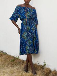 Aveloria Modichic Vestido Longo Feminino Folgado e Confortável de Duas Formas de Usar, Ombros de Fora, Cintura, Estampa Pérlis, Contraste de Cor, Decoração Exquisita de Nó - Azul Royal - Visão 3