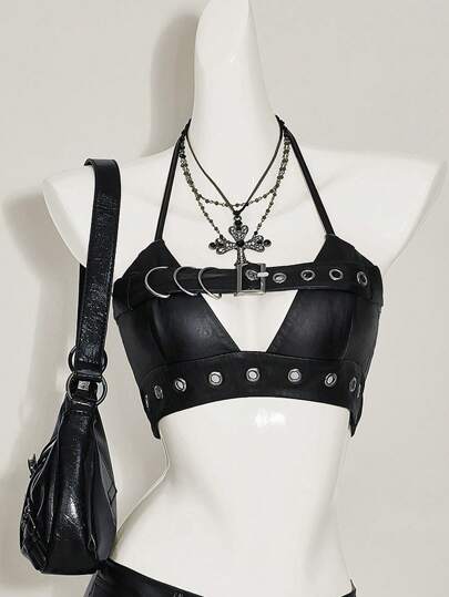 SHEIN ICON Halter PU Leather Grommet Decor Tank Y2k Hollow Out Goth Back Crop Women Top, Minimalist Fashion Casual Everyday Wear