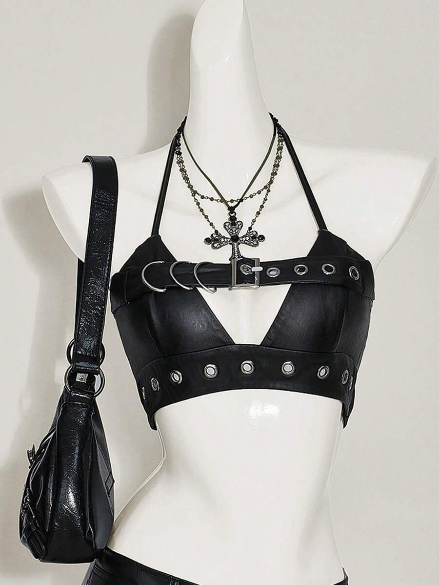 SHEIN ICON Áo ba lỗ hở lưng bằng da PU Grommet trang trí Y2k hở lưng kiểu Goth dành cho nữ, thời trang tối giản, mặc thường ngày - màu đen - Xem 1