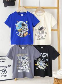 4pcs/Set Young Boy Cute Cartoon Astronaut Space Tech Letter & Planet Retro Print Knit Short Sleeve T-Shirts, Suitable For Kids, Back To School, Birthday, Evening, Performance, Wedding, Baptism, Daily, School, Travel, Sports, Spring/Summer - Multicolor - View 4