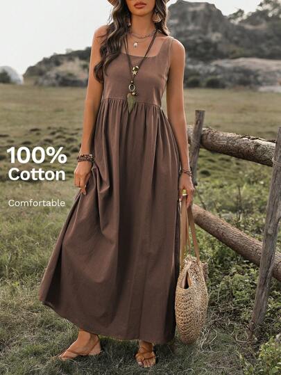 Wandoria 女士圆领露背褶皱纯色简约休闲日常无袖优雅大方连衣裙长款女装