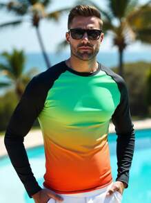 Manfinity Swimmode Men's Letter Print Raglan Long Sleeve Ombre Color Surfing T-Shirt Long Sleeve Men Tops Long Sleeve Shirt,Hawaiian, Swim Shirt Men, Surf Shirt, Long Sleeve Swim Shirt, Men Ombre Shirt