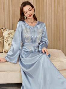 Al Najma Váy suông rộng rãi thêu sequin trang trí, Kaftan & Jalabiya, Váy dạ hội sang trọng dành cho phụ nữ, kín đáo - Màu xanh lam - Xem 3