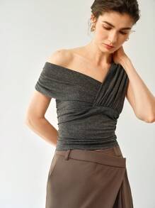 Gloray Women Solid Color Pleated Asymmetrical Knit Sweater - Dark Grey - View 7