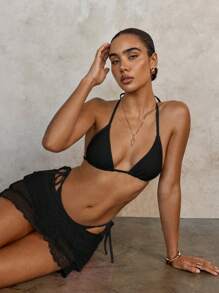 SHEIN Swim Vacation Beach Solid Color Bikini With Lace Cover-Up Sarong 2 Pieces Set For Summer - Black - View 7