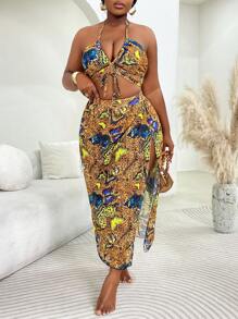 SHEIN Slayr CURVE Conjunto de 3 piezas talla grande para mujer - Top con cuello halter y cruce delantero hueco, estampado de mariposas al azar, conjunto con falda transparente de abertura alta y fondo a juego, traje de baño sexy y de moda para playa y resort, vacaciones de verano