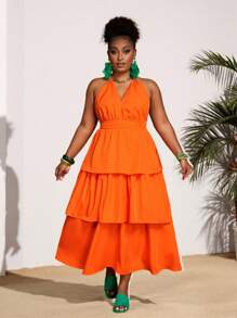 Slaydiva Plus Size Women's Orange Summer Beach Dress,Halter Hollow-Out Multilayer Ruffle Hem Waisted Midi Dress For Holiday,Vacation & Casual Styles - Orange - View 5