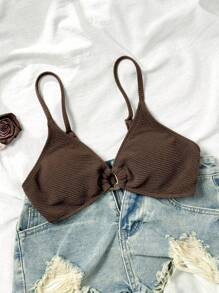 SHEIN Swim Springbreak Women's Solid Textured Fabric Spaghetti Strap Front Resin Circle Decor Casual Beach Bikini Top, Summer Vacation - Coffee Brown - View 3