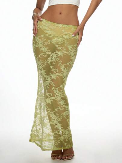 MISSGUIDED Delicate Lace Maxi Skirt Elegant Transparent Floral Pattern Long Length Evening Party Wedding Beach Summer Spring Occasion Overlay Bottom Christmas