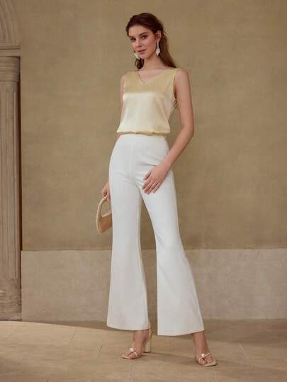 MOTF PREMIUM 100% SILK V NECK SLEEVELESS BLOUSE, SPRING SUMMER SATIN BLOUSE