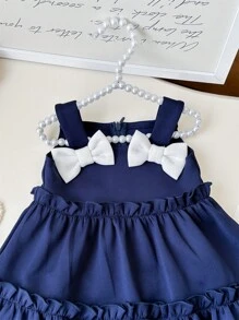 SHEIN Baby Girl Cute & Elegant Color Contrast Bow Frill Trim Camisole Dress - Navy Blue - View 4