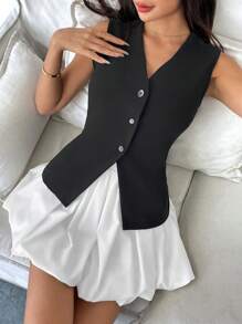 Calvaya 2pcs Women's Black & White Contrast Color Bubble Skirt With Safety Shorts, Commuting Outfit Spring/Summer