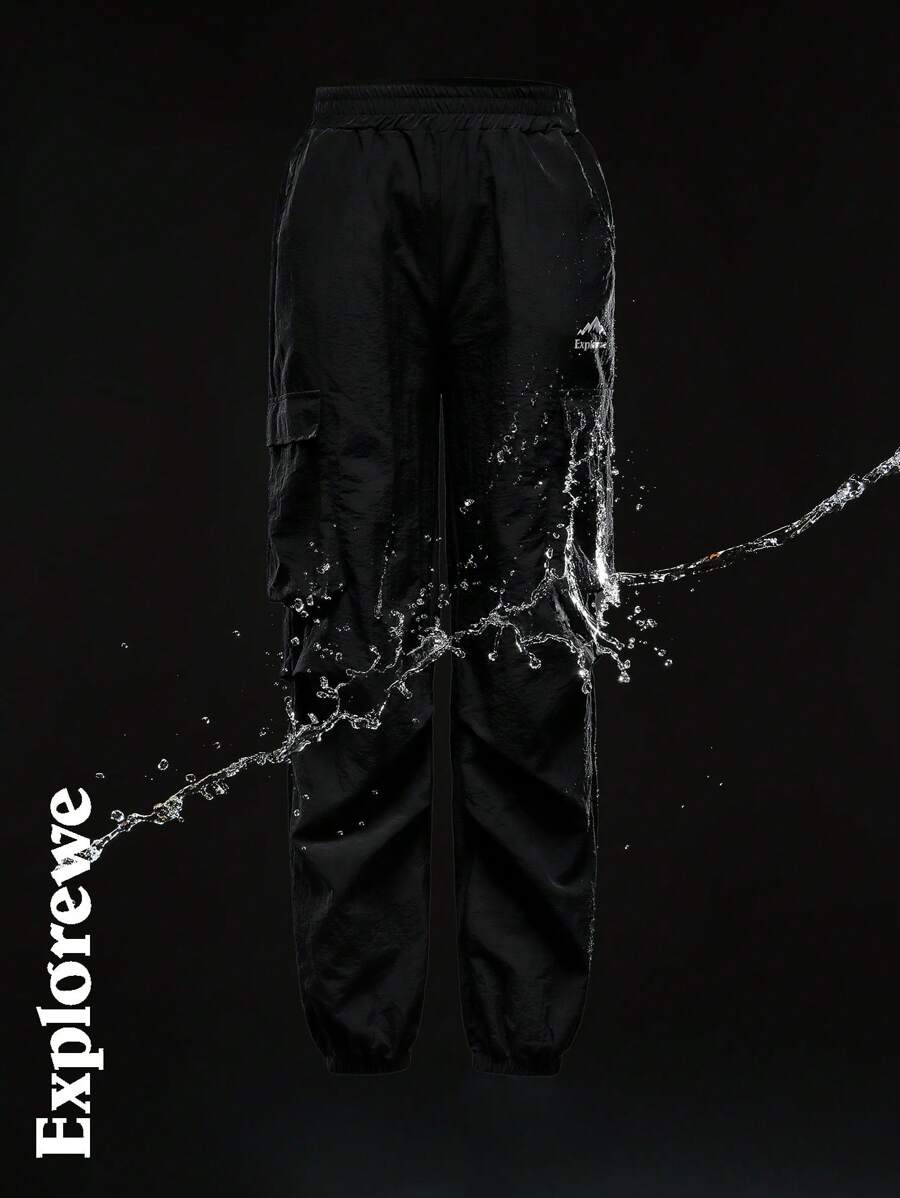 SHEIN Teen Girl Letter Print Cargo Pocket Drawstring Jogger Pants - Black - View 1