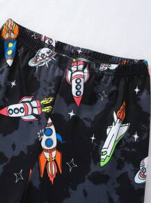 2pcs/Set Teen Boys Rocket & Aerospace Glow In The Dark Print Pants, Skinny Fit Tie Dye Pajamas Set - Black - View 7