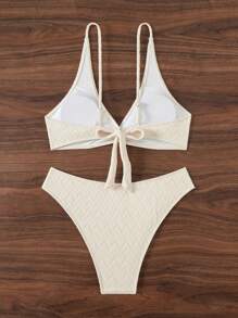 SHEIN Swim Ensemble bikini 2 pièces avec Top à col en V profond et bas torsadés, style de base simple, convient à tous les âges, pour les vacances à la plage en été - Beige - Voir 3