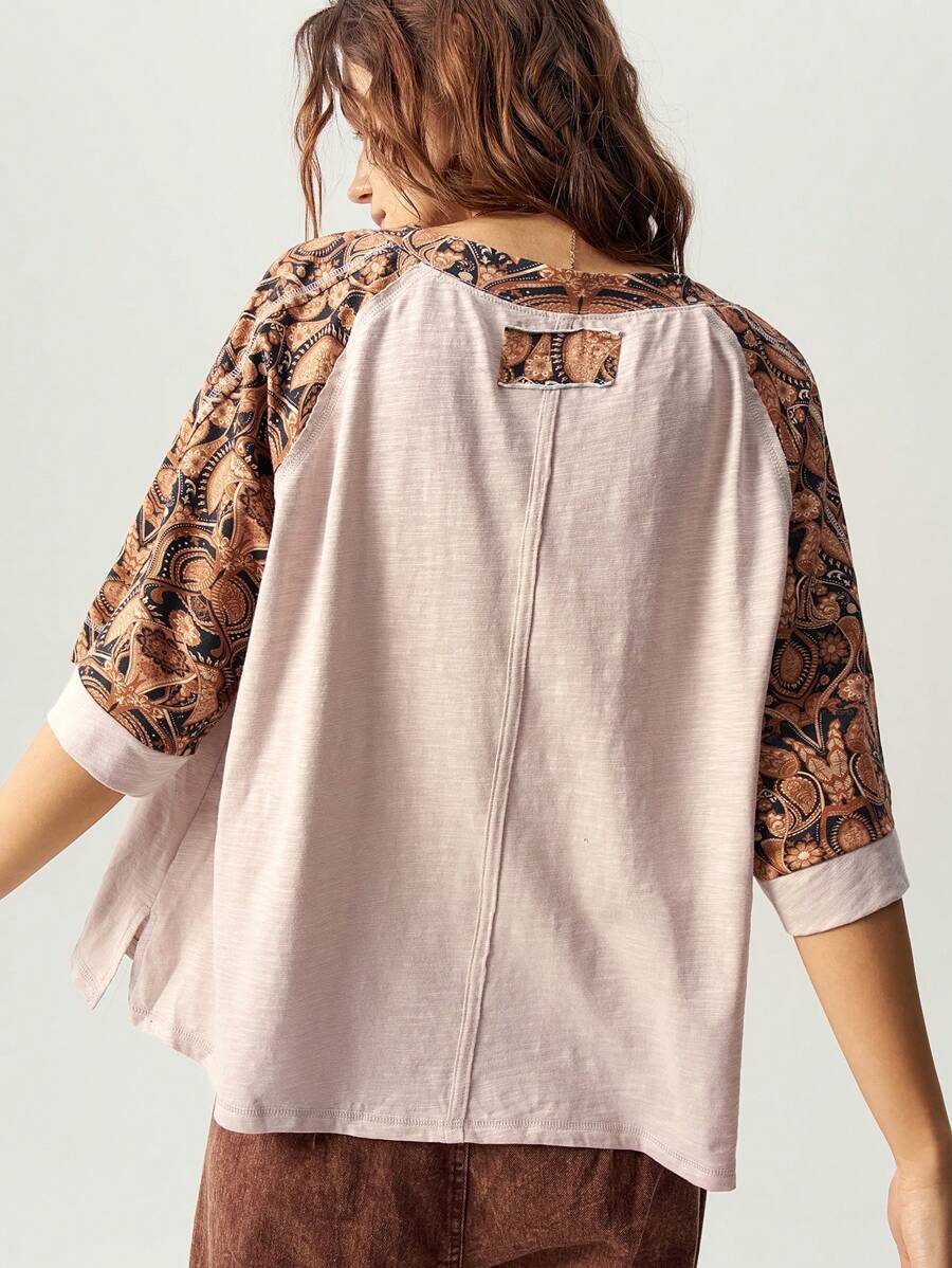 Bohemela 休闲针织圆领插肩短袖宽松大码 T 恤 - 駝色 - 查看 1