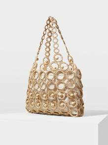 MOTF PREMIUM FASHIONABLE VACATION HOLLOW-OUT BEADED DETAIL SHOULDER BAG, ELEGANT BAG - Camel - View 3