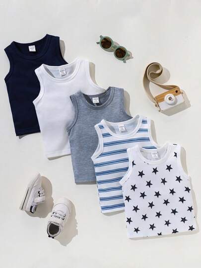 SHEIN 3 piezas Tops sin mangas de cuello redondo con estampados básicos de rayas, lisos y de estrella para niños pequeños, verano