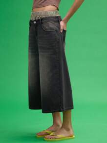 COUREZ Low Rise Longline Oversized Black Denim Shorts /Y2K Cotton Summer Baggy Jorts Spring - Blue - View 4