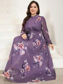 Veilorie Plus Size Women's Elegant Floral Print Long Arabian Style Dress - Dusty Purple - View 5