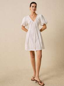 Poéselle Classic White Elegant Puffy Sleeve Pleated Mini Dress - A Timeless Choice For Summer Events And Daytime Outings, White Dresses, Summer Women's Clothing - White - View 5