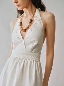 SHEIN LUNE Women's V-Neck Cinched Waist Burnout Textured Slip Dress - White - View 5