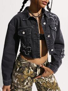 SHEIN EZwear 女士休闲牛仔夹克，简约时尚，适合日常穿着 - 黑色 - 查看 4