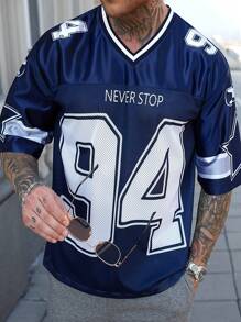 Manfinity EMRG Men's Solid Color Contrast V-Neck Short Sleeve Numeric Print Casual Basketball Jersey Style T-Shirt - Blue - View 4