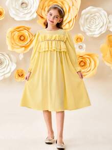 SHEIN Tween Girls Loose Elegant Double Ruffle Decor Round Neck 3/4 Sleeve Dress - Yellow - View 3