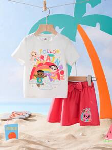 CoComelon X SHEIN 年轻女孩彩虹图案 T 恤和可爱裙子套装 - 彩色 - 查看 3