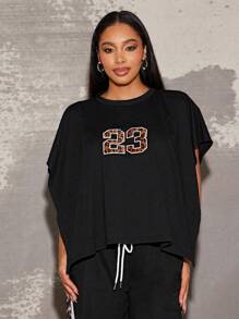 Vixey Leopard Number Patch Casual Self Tie Solid Jersey Poncho Shirt, Streetwear For Women, Casual Outfits, Leopard Print, Summer Tops - Black - View 1