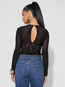 SHEIN Unity Bodysuit Spring Mesh And Lace Long Sleeve Cheeky Festival Summer Casualwear Thanksgiving Christmas NYE New Years Eve Outfits For Women - Black - View 3