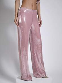 COSMINA 春夏女士优雅通勤派对粉色亮片直筒长裤 - 粉色 - 查看 7