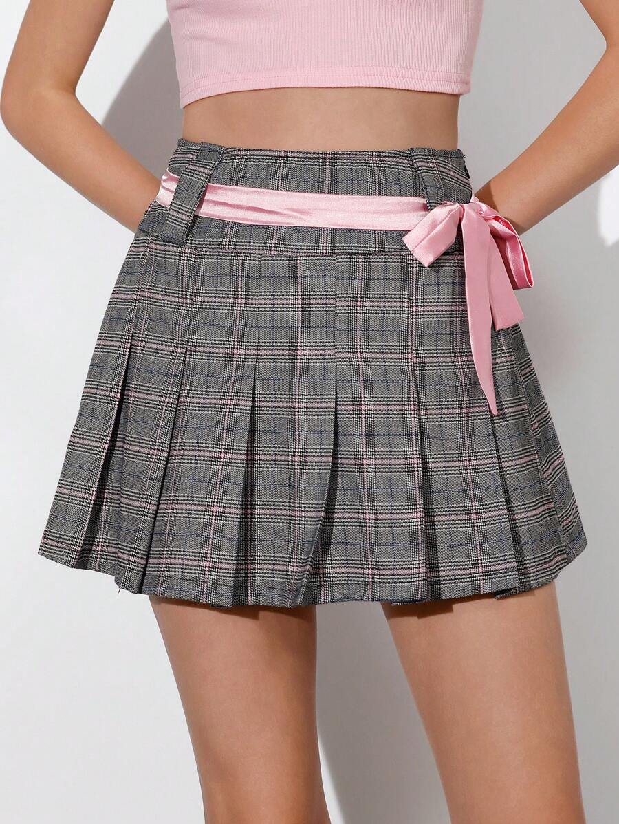 GENKIRA Váy mini xếp ly eo thấp họa tiết caro khối màu đơn giản cho nữ - Nhiều màu - Xem 1