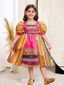 SHEIN Young Girl Woven Ditsy Floral Square Neck Puff Sleeve Fitted Dress - Hot Pink - View 1