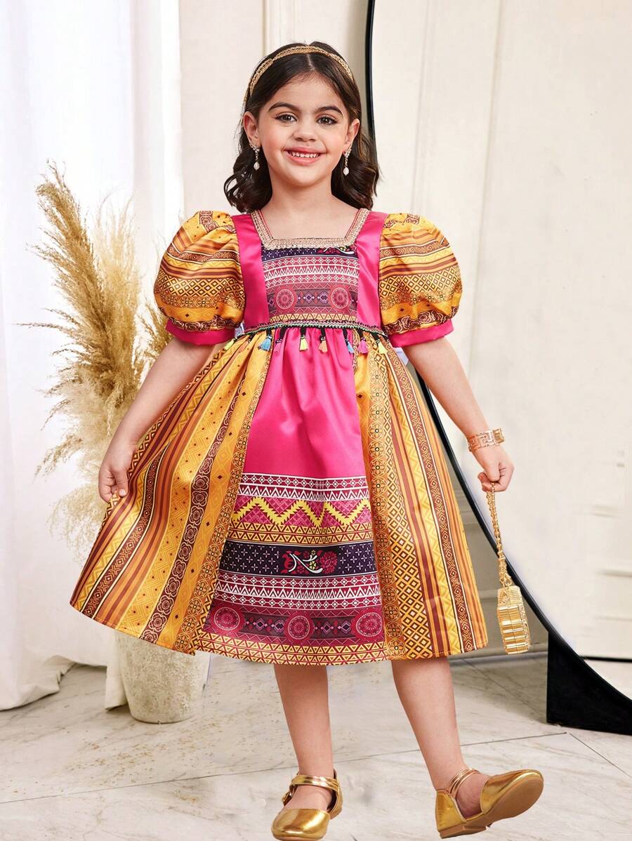 SHEIN Young Girl Woven Ditsy Floral Square Neck Puff Sleeve Fitted Dress - Hot Pink - View 1