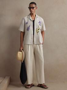 AKNOTIC Business Casual 男士杏色编织花卉刺绣宽松落肩时尚休闲衬衫，适合春夏季、日常穿着、度假、婚礼、情侣装、学校 - 杏色 - 查看 4