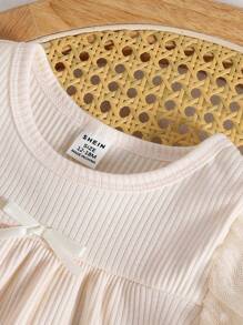 Baby Girls' 2pcs Set: Ribbed Mesh Puff Sleeve Top + Layered Ruffle Hem Skirt, Summer - Apricot - View 3
