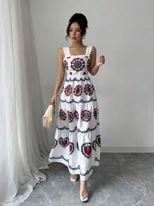 Breezaya 女装春夏休闲沙滩度假撞色复古印花蕾丝装饰无袖大码多层拼接连衣裙