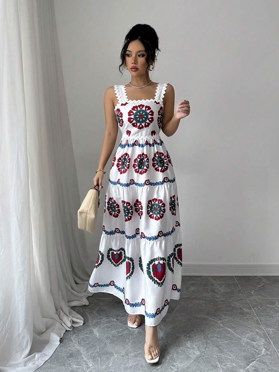 Breezaya 女装春夏休闲沙滩度假撞色复古印花蕾丝装饰无袖大码多层拼接连衣裙