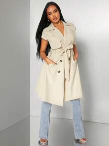 SHEIN SXY Early Spring Elegant Commuting Solid Khaki Double-Breasted Lace-Up Sleeveless Trench Coat