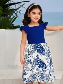 SHEIN Girls Elegant Floral Print Dress, Square Neck Double Layer Cap Sleeve Dress, Textured Fabric Lightweight And Flowy, Suitable For Vacation, Outdoor Party, Spring/Summer - Blue - View 5