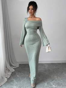 Modelyn Robe à manches longues en jacquard plissé à épaules obliques pour femmes - Vert - Voir 7