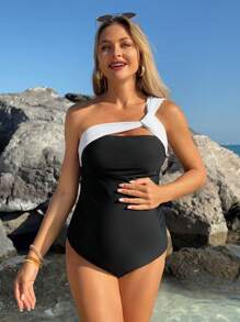 SHEIN Maillot de bain élégant et classique en noir et blanc pour femme enceinte, à porter en vacances à la plage en été